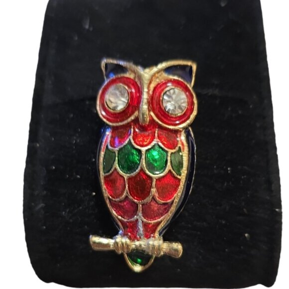 Jewelry - Enamel on Brass Owl Shaped Brooch Pin with Rhinestone Red Eyes L6